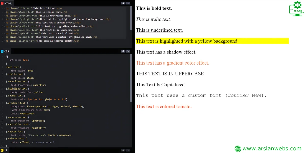 Example of a webpage with different text styling effects www.arslanwebs.com
